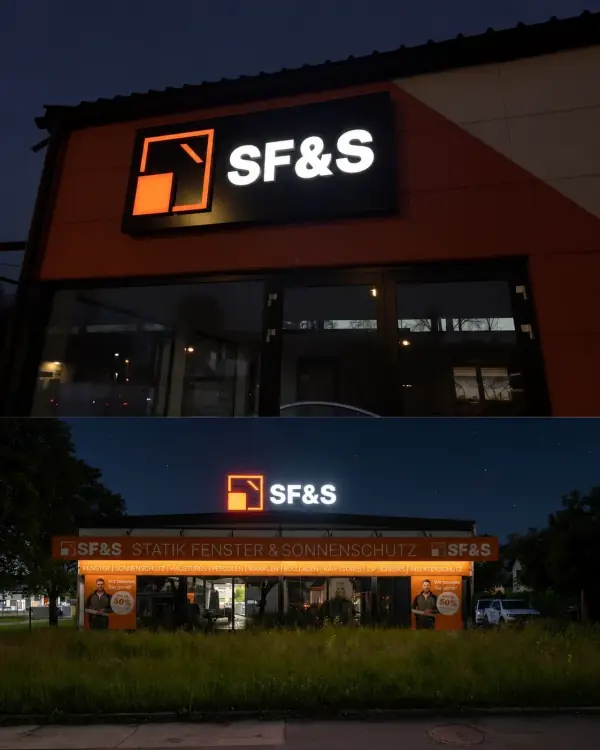 SF&S: 3D-Visualisierung des beleuchteten Logos und Schriftzugs, Nahaufnahme und Gesamtansicht bei Nacht.